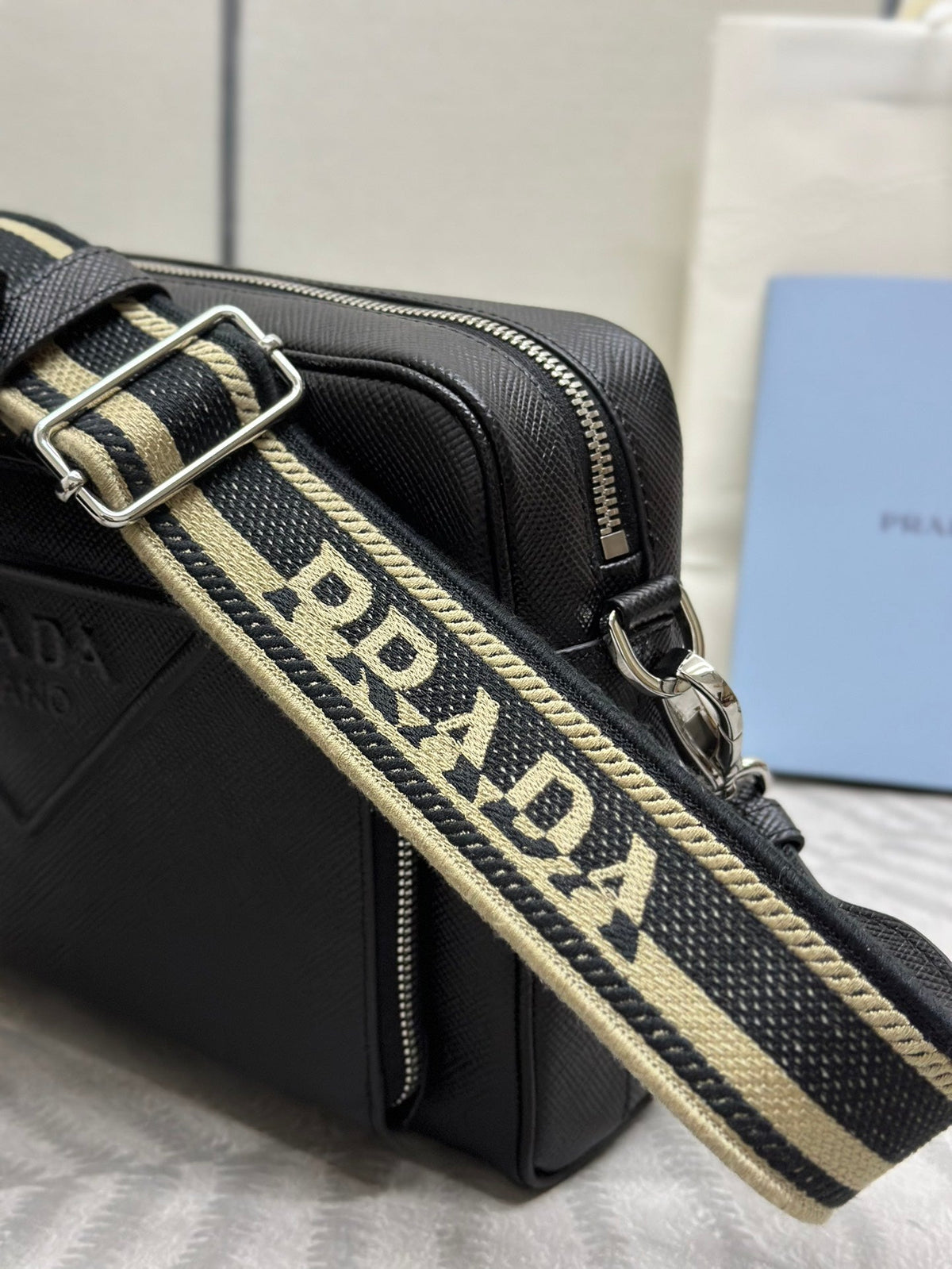 Men’s Crossbody Bag with Embroidered Strap