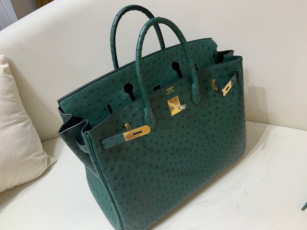Borsa 40 Struzzo Malachite con Dettagli Dorati